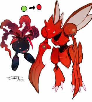 absurdres alternate_color dated gen_1_pokemon highres leaf nintendo no_humans oddish open_mouth pokemon pokemon_(creature) red_eyes red_theme scyther signature sukepmonster white_background wings