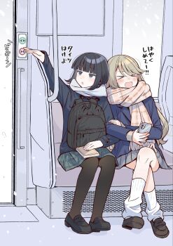 Rule 34 | > <, 2girls, akagi natsuichi, arm up, backpack, bag, bag on lap, black bag, black hair, black pantyhose, black shoes, blazer, blue jacket, blunt bangs, blush, book, book on lap, brown hair, cellphone, commentary request, crossed legs, enpera, full body, green skirt, grey eyes, highres, holding, holding phone, jacket, loafers, long hair, loose socks, miniskirt, multiple girls, open mouth, orange scarf, original, pantyhose, phone, plaid clothes, plaid scarf, plaid skirt, pleated skirt, pressing button, scarf, school uniform, shoes, sidelocks, skirt, smartphone, socks, train interior, translation request, white scarf, white socks