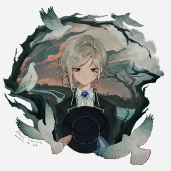 1girl 321505 bare_tree bird black_coat black_hat border cloud cloudy_sky coat commentary dated english_text grey_eyes grey_hair grey_sky hair_bun hat hat_on_chest highres holding holding_unworn_clothes holding_unworn_hat looking_at_viewer reverse:1999 river single_side_bun sky solo straight-on tree unworn_hat unworn_headwear upper_body vertin_(reverse:1999) white_bird white_border