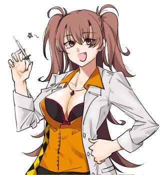 1girl bra breasts brown_hair cleavage commentary dr._arach fang haman_0110 hands_on_own_hips highres holding holding_syringe huge_breasts jewelry lab_coat lace large_breasts long_hair looking_at_viewer necklace orange_vest smile solo syringe tsukihime tsukihime_(remake) twintails underwear vest yellow_eyes