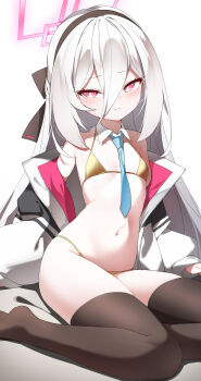 1girl absurdres bare_shoulders bikini black_hairband black_thighhighs blue_archive blue_necktie blush breasts bright_pupils closed_mouth detached_collar double-parted_bangs embarrassed gold_bikini hair_between_eyes hairband halo highres jacket kei_(blue_archive) kei_(student)_(blue_archive) loli long_hair long_hair_between_eyes long_sleeves looking_at_viewer multicolored_jacket navel necktie off_shoulder open_clothes open_jacket panties pink_eyes pink_halo rectangular_halo ringed_eyes silday sitting small_breasts solo string_bra string_panties swimsuit thighhighs two-tone_jacket underwear very_long_hair white_hair white_jacket