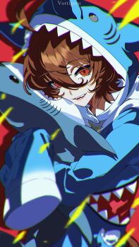 1girl absurdres agnes_tachyon_(umamusume) ahoge alternate_costume animal_ears animal_hood artist_name blue_hoodie brown_hair commentary cosplay gawr_gura gawr_gura_(1st_costume) gawr_gura_(cosplay) hair_between_eyes highres hololive hololive_english hood hoodie horse_ears horse_girl hugging_doll hugging_object looking_at_viewer red_eyes shark_hood sharp_teeth shi_draco short_hair sleeves_past_fingers sleeves_past_wrists solo stuffed_animal stuffed_shark stuffed_toy teeth umamusume virtual_youtuber