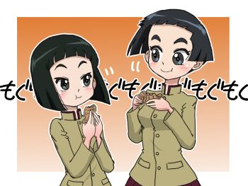 Rule 34 | 2girls, black eyes, black hair, bowl cut, brown jacket, chi-hatan school uniform, food, food in mouth, girls und panzer, girls und panzer saishuushou, gradient background, height difference, holding, holding food, jacket, multiple girls, nishihara yasoko, orange background, red skirt, school uniform, short hair, skirt, smile, taiyaki, takahashi kurage, translation request, uenishi chiyoko, wagashi