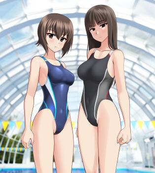 2girls absurdres black_eyes black_one-piece_swimsuit blue_one-piece_swimsuit blunt_bangs breasts brown_eyes brown_hair competition_swimsuit covered_navel cowboy_shot girls_und_panzer glass_ceiling highleg highleg_one-piece_swimsuit highres indoors long_hair mature_female medium_breasts mother_and_daughter multicolored_swimsuit multiple_girls nishizumi_maho nishizumi_shiho one-piece_swimsuit pool short_hair string_of_flags swimsuit takafumi