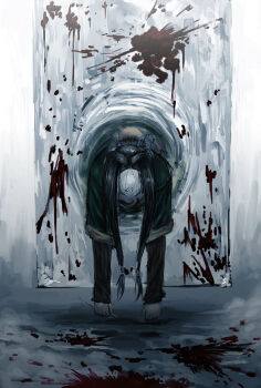 1boy black_hair blood blood_on_ground cryokinesis haku_(naruto) kyubisharingan long_hair male_focus mask mirror naruto_(classic) naruto_(series) ninja solo through_medium through_mirror