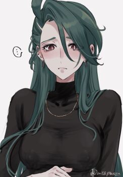 Rule 34 | ..., 1girl, alternate breast size (larger), alternate costume, alternate hairstyle, bad id, bad twitter id, black dress, blush, breasts, bright pupils, commentary request, covered erect nipples, dress, ear piercing, earrings, frown, furrowed brow, gold necklace, green hair, hair down, hand on own stomach, jewelry, lactation, lactation through clothes, large breasts, long hair, long sleeves, looking at viewer, mtkpasta, multiple piercings, necklace, nintendo, piercing, pokemon, pokemon scarlet and violet, pregnant, red eyes, rika (pokemon), solo, spoken ellipsis, tearing up, triangle earrings, turtleneck, turtleneck dress, upper body, white pupils