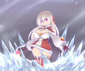 1girl blonde_hair blush bow breasts cape cleavage closed_mouth commentary_request convenient_censoring cowboy_shot cryokinesis dress fur-trimmed_cape fur-trimmed_dress fur_trim garter_straps gloves grey_background hair_bow highres holding holding_staff large_breasts long_hair looking_at_viewer no_panties official_alternate_costume pink_eyes rafoll ragnarok_online red_bow red_cape red_dress red_gloves red_thighhighs shaded_face short_dress solo staff thighhighs two-sided_cape two-sided_fabric two-tone_dress warlock_(ragnarok_online) white_dress