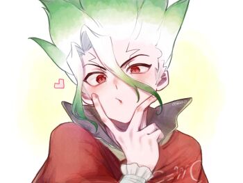 1boy artist_name cape capelet cloak commentary_request dr._stone facial_mark gradient_hair green_hair hair_between_eyes heart ishigami_senkuu looking_at_viewer male_focus multicolored_hair red_cape red_capelet red_eyes shie3150 signature simple_background solo spiked_hair twitter_username two-tone_hair upper_body v white_background white_hair