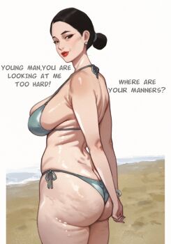 1girl arms_behind_back ass beach bikini black_eyes black_hair blue_bikini bracelet breasts butt_crack cellulite debbie_grayson dzenrei_(dzenrei_art) earrings english_text from_behind hair_bun hair_tie hair_up highres invincible_(series) jewelry large_breasts lips looking_back mature_female original outdoors pearl_earrings red_lips side-tie_bikini_bottom single_hair_bun smile solo standing swimsuit white_background