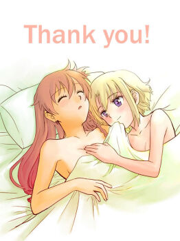 00s 2girls afterglow aftersex bad_id bad_pixiv_id bed bed_sheet blonde_hair blue_eyes cuddling el_cazador_de_la_bruja ellis ellis_(el_cazador_de_la_bruja) female_focus grabbing_another&#039;s_breast groping long_hair lying multiple_girls nadie naked_sheet niina_ryou nude pillow red_hair shared_blanket short_hair sleeping thank_you under_covers yuri
