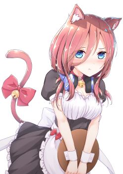 1girl alternate_costume animal_ear_fluff animal_ears apron back_bow bell black_dress black_sleeves blue_eyes blush bow breasts brown_hair cat_ears cat_girl cat_tail choker cleavage closed_mouth commentary dress enmaided eyelashes frilled_apron frilled_dress frilled_sleeves frills go-toubun_no_hanayome hair_between_eyes hair_over_shoulder headphones highres holding holding_tray large_breasts long_hair looking_at_viewer maid maid_apron maid_headdress medium_breasts nakano_miku neck_bell own_hands_together pout profnote puffy_short_sleeves puffy_sleeves red_bow red_choker ribbon short_sleeves simple_background solo standing tail tail_bell tail_bow tail_ornament tray v-shaped_eyebrows white_background white_bow white_ribbon white_wrist_cuffs wrist_cuffs
