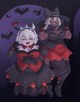 2girls absurdres ahoge black_background black_gloves blush boots breasts buttons cape claw_pose cleavage clenched_teeth closed_eyes commentary covered_navel elphelt_valentine english_commentary facing_viewer full_body gloves guilty_gear hair_between_eyes hairband hat highres long_hair looking_to_the_side multiple_girls open_mouth purple_background ramlethal_valentine scarlet_evergleam teeth thick_thighs thighhighs thighs white_hair