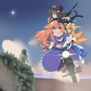 3girls bad_id bad_pixiv_id bicycle blonde_hair bread_slice brown_eyes brown_hair chen female_focus food food_in_mouth fox_tail ghillie_suit goggles gun hakomugi helmet highres long_hair motor_vehicle motorcycle mouth_hold multiple_girls multiple_riders purple_eyes riding rifle short_hair sniper tail toast toast_in_mouth touhou vehicle weapon when_you_see_it yakumo_ran yakumo_yukari yellow_eyes