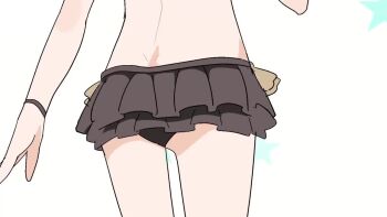 2girls agoshi_sakina animated back bikini bikini_ribbon bikini_skirt blonde_hair blue_shirt brown_eyes excited flat_chest grey_hair hair_between_eyes hair_ornament hairclip hand_in_own_hair horns loli looking_at_viewer multiple_girls murakawa_reo_(null-meta) null-meta open_mouth parallel_hairclips purple_bikini red_eyes red_horns ribbon ruffle_bikini rytoua318 shirt short_hair smile spinning swimsuit tagme video white_background wristband yellow_ribbon