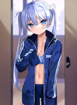 1girl absurdres ahoge artist_request blue_bra blue_eyes blue_jacket blue_shorts bra breasts cleavage closed_mouth collarbone cowboy_shot dengeki_moeoh frilled_bra frills hair_between_eyes hand_up highres indoors jacket light_blush light_particles long_hair looking_at_viewer magazine_scan navel no_shirt open_clothes open_jacket original oversized_clothes oversized_jacket scan shorts sleeves_past_fingers sleeves_past_wrists small_breasts solo standing third-party_source track_jacket twintails underwear white_hair