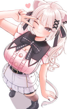 1girl absurdres ahoge black_bow black_nails black_shoes black_thighhighs bow breasts cleavage closed_mouth fang grey_eyes grey_hair hair_bow hair_ornament heart highres hololive large_breasts looking_at_viewer nail_polish official_alternate_costume one_eye_closed pink_shirt ruo1001 shirt shishiro_botan shishiro_botan_(jirai_kei) shoes skin_fang skirt smile solo thigh_strap thighhighs v v_over_eye virtual_youtuber white_background white_skirt x_hair_ornament