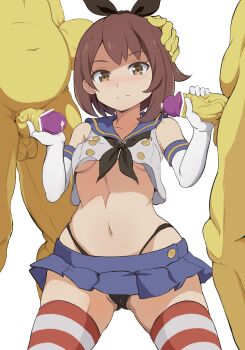 1girl 2boys annoyed bar_censor bare_shoulders black_panties black_ribbon blue_shirt blue_skirt blush breasts brown_hair cameltoe censored colored_skin cosplay covered_erect_nipples cowboy_shot cropped_shirt double_handjob elbow_gloves embarrassed expressionless eyelashes gen_1_pokemon gloria_(pokemon) gloves group_sex hair_ribbon hand_on_another&#039;s_head handjob hetero highleg highleg_panties highres hypno interspecies kantai_collection looking_at_viewer medium_breasts medium_hair midriff miniskirt mmf_threesome multiple_boys navel nintendo panties penis penis_close_to_face petite pokemon pokemon_(creature) pokemon_swsh pokephilia precum red_thighhighs ribbon shaded_face shimakaze_(kancolle) shimakaze_(kancolle)_(cosplay) shirt simple_background skirt sleeveless sleeveless_shirt solo_focus striped_clothes striped_thighhighs testicles thighhighs threesome two-tone_shirt two-tone_thighhighs underboob underwear variant_set verseir_001 w_arms white_background white_gloves white_shirt white_thighhighs yellow_eyes yellow_skin