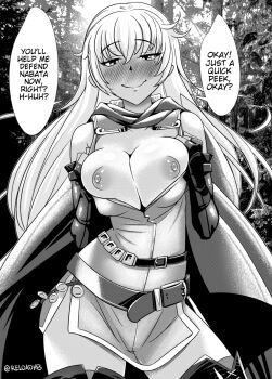 1girl belt blush breasts breasts_out cape dress english_text fingerless_gloves fire_emblem fire_emblem:_the_binding_blade forest gloves greyscale highres igrene_(fire_emblem) large_breasts long_hair looking_at_viewer monochrome nature nintendo nipples nose_blush outdoors pinup_(style) puffy_nipples r-e-l-o-a-d smile solo speech_bubble thighhighs wavy_mouth