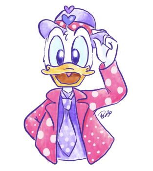 1boy animal bird blue_eyes commentary_request d1zu30 donald_duck duck duck_boy furry furry_male hat highres holding looking_at_viewer male_focus mickey_mouse_&amp;_friends necktie open_mouth polka_dot polka_dot_necktie shirt smile teeth upper_teeth_only