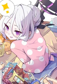 1boy 1girl ahoge bag barefoot blue_archive cameo commentary_request demon_girl demon_horns demon_wings food from_above from_behind fruit hair_between_eyes hair_rings halo highres hina_(blue_archive) hina_(pajamas)_(blue_archive) holding horns ice_cream indoors kotatsu leaning_forward long_hair long_sleeves looking_at_viewer looking_back mandarin_orange mika_(blue_archive) mosuke1221 multicolored_halo official_alternate_costume official_alternate_hairstyle on_cushion package pajamas parted_bangs pink_pajamas plastic_bag polka_dot polka_dot_pajamas pov pov_hands purple_eyes purple_halo sensei_(blue_archive) shopping_bag sidelocks simple_background sitting snack soles spoken_sparkle table toes two-tone_halo under_kotatsu under_table wariza wavy_hair white_hair wings