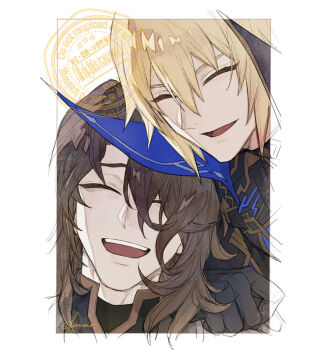 2boys :d ^_^ artist_name black_cape black_gloves blonde_hair brown_hair cape closed_eyes closed_mouth collared_cape commentary_request dainsleif_(genshin_impact) elmar genshin_impact gloves hair_between_eyes hair_over_one_eye happy high_collar laughing male_focus medium_hair multiple_boys mystical_high_collar open_mouth outside_border parted_bangs rerir_(genshin_impact) short_hair signature smile teeth upper_body upper_teeth_only watermark