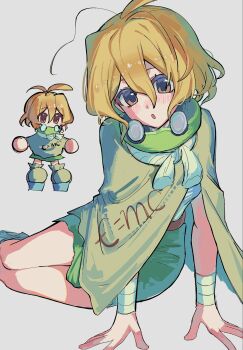 1girl antenna_hair blonde_hair blush brown_eyes brown_poncho chibi chibi_inset dr._stone e=mc2_(equation) hair_between_eyes highres hinapgjh medium_hair open_mouth poncho solo suika_(dr._stone) white_background