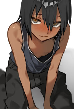 1boy arms_between_legs black_hair black_pants blush commentary_request downblouse furrowed_brow gradient_background grey_background grey_eyes grey_tank_top highres kneeling looking_at_viewer m1_tsuru male_focus nipples nose_blush original pants shirase_aoi_(m1_tsuru) short_hair simple_background solo tank_top trap