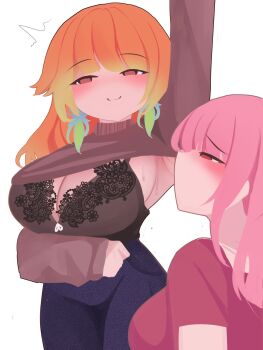 2girls alternate_costume blush breasts couple earrings feather_earrings feathers female_pervert highres hololive hololive_english jewelry large_breasts long_hair long_sleeves mori_calliope multicolored_hair multiple_girls open_mouth pervert pink_hair purple_eyes simple_background takanashi_kiara viqur virtual_youtuber white_background wife_and_wife yuri