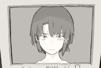 1girl absurdres asymmetrical_hair closed_mouth commentary cropped_head english_commentary frown greyscale hair_ornament highres iwakura_lain looking_at_viewer mitiminami777 monitor monochrome serial_experiments_lain short_hair single_sidelock solo straight-on x_hair_ornament