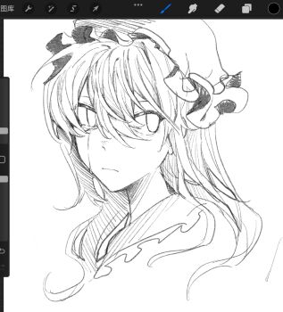 1girl art_program_in_frame art_program_request closed_mouth commentary dated_commentary frilled_shirt_collar frills hair_between_eyes hat highres long_hair maribel_hearn mob_cap monochrome oriharareimu sketch solo tears tears_from_one_eye touhou white_background