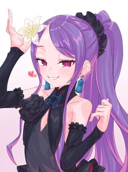 Rule 34 | 1girl, absurdres, bare shoulders, black dress, blush, breasts, commentary request, detached sleeves, dress, earrings, fate/grand order, fate (series), flower, forehead, grin, hair flower, hair ornament, hair scrunchie, highres, jewelry, long hair, looking at viewer, niwaikanai, parted bangs, purple eyes, purple hair, scrunchie, sidelocks, small breasts, smile, solo, tassel, tassel earrings, very long hair, wu zetian (celebratory attire) (fate), wu zetian (fate)