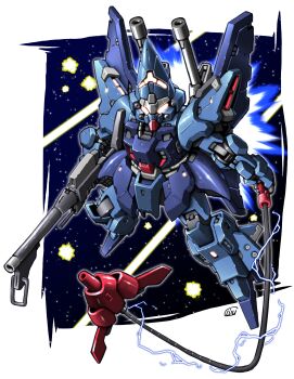 Rule 34 | absurdres, asymmetrical dual wielding, beam rifle, chibi, commentary request, dual wielding, electricity, energy gun, exhaust, explosion, full body, glowing, glowing eyes, gun, gundam, hambrabi, highres, holding, holding gun, holding weapon, mecha, mecha focus, mobile suit, no humans, red eyes, redesign, robot, science fiction, sd gundam, shoulder cannon, signature, solo, space, star (sky), weapon, whip, yatta070622, zeta gundam