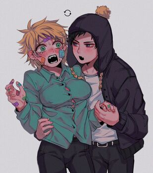 Rule 34 | 1boy, 1girl, bandaid, bandaid on arm, bandaid on finger, bandaid on hand, beanie, belt, black belt, black hair, black jacket, black pants, blonde hair, commentary request, covered erect nipples, craig tucker, earflap beanie, embarrassed, fang, fangs, genderswap, genderswap (mtf), green eyes, green shirt, hat, highres, holding hands, jacket, looking ahead, neg 50asu, open mouth, pants, purple eyes, shirt, simple background, skin fang, south park, tweek tweak, white shirt