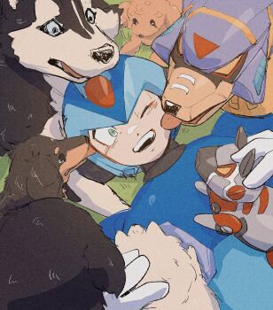 Rule 34 | 1boy, armor, blue armor, blue helmet, dog, forehead jewel, green eyes, group picture, helmet, highres, lemon inu, licking, licking another's face, lying, male focus, mega man (series), mega man x1, mega man x (series), non-humanoid robot, on back, one eye closed, parted lips, robot, robot animal, robot dog, smile, velguarder (mega man), x (mega man)