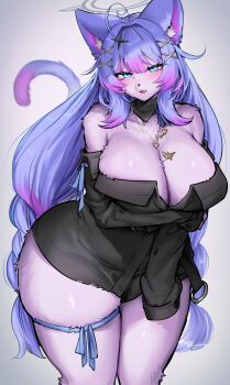 1girl absurdres ahoge animal_ear_fluff animal_ears bare_shoulders black_shirt blue_eyes blush breasts commentary_request furry furry_female gradient_hair hair_ornament hairclip halo highres jewelry large_breasts long_hair long_sleeves looking_at_viewer multicolored_hair necklace off_shoulder original parted_lips purple_hair shirt skindentation sleeves_past_fingers sleeves_past_wrists smile solo star_(symbol) star_hair_ornament suurin_(ksyaro) tail thigh_strap thighs wide_hips