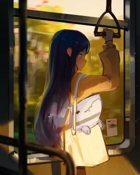 1girl absurdres arm_up bag black_eyes black_pants blue_eyes blue_hair bracelet bus_interior closed_mouth commentary cowboy_shot english_commentary from_side guantanima_ii_(shadches72) highres in_bag in_container jacket jewelry long_hair long_sleeves looking_ahead monasterio_(shadches72) original pants shadches72 shadow shark sharp_teeth shoulder_bag teeth white_bag window yellow_jacket