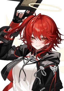 1girl angel arknights black_jacket breasts commentary cross cross_earrings earrings exusiai_(arknights) exusiai_the_new_covenant_(arknights) halo highres holding holding_weapon jacket jewelry looking_at_viewer medium_breasts orange_eyes paszuto red_hair shirt short_hair side_ponytail simple_background smile solo upper_body weapon white_background white_shirt