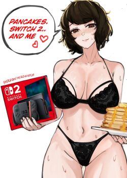 1girl black_bra black_hair black_panties blush bra breasts brown_eyes brown_hair chocolate_cake,_gameboy_or_me?_(meme) cleavage collarbone food highres holding kawakami_sadayo large_breasts lingerie looking_at_viewer mature_female meme navel nero_watch nintendo_switch_2 pancake pancake_stack panties persona persona_5 picket_fences plate scene_reference short_hair smile solo stomach sweat sweatdrop thong underwear underwear_only