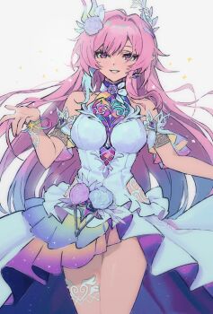 1girl aqua_hair bare_shoulders breasts commentary cyrene_(honkai:_star_rail) cyrene_(ripples_of_past_reverie)_(honkai:_star_rail) diamond-shaped_pupils diamond_(shape) dress earrings empty_(neyo) flower hair_flower hair_ornament highres honkai:_star_rail honkai_(series) jewelry large_breasts long_hair looking_at_viewer multicolored_hair pink_hair pointy_ears purple_eyes simple_background solo symbol-shaped_pupils thighs very_long_hair white_background white_dress white_hair