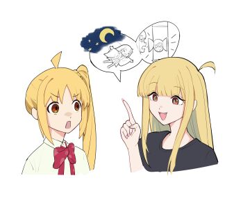 3girls absurdres ahoge baby blonde_hair bocchi_the_rock! bow bowtie chinese_commentary cho_kaguya-hime! collared_shirt commentary_request crescent_moon cropped_shoulders ezbottt fang highres ijichi_nijika index_finger_raised kaguya_(cho_kaguya-hime!) long_hair looking_at_another moon multiple_girls open_mouth pink_nails red_bow red_bowtie red_eyes sakayori_iroha shirt side_ponytail simple_background smile star_(symbol) trait_connection white_background
