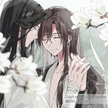 2boys alternate_hairstyle bishounen black_hair black_hanfu blurry blurry_foreground branch brown_hair chinese_clothes closed_eyes closed_mouth collarbone couple flower hair_down hanfu holding_hands hyottokoane interlocked_fingers lan_wangji light_particles long_hair long_sleeves male_focus modao_zushi multiple_boys parted_lips pectoral_cleavage pectorals sidelocks smile twitter_username upper_body watermark wei_wuxian white_flower white_hanfu yaoi