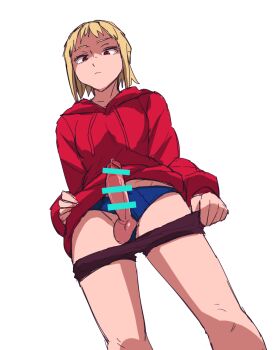 Rule 34 | 1futa, blonde hair, blue panties, chainsaw man, clothes pull, clothing aside, cowboy shot, erection, from below, futanari, highres, hood, hoodie, medium hair, medium penis, panties, panties aside, penis, pongo, purple shorts, red eyes, red hoodie, sawatari akane (chainsaw man), shorts, shorts pull, solo, testicles, underwear, wispy bangs