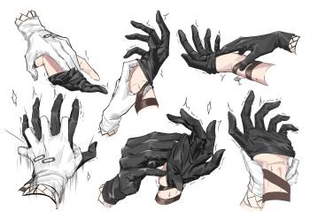 Rule 34 | 2girls, arknights, black gloves, commentary, dconan owo, gloves, hand focus, highres, holding hands, interlocked fingers, lappland (arknights), multiple girls, removing glove, safety pin, simple background, texas (arknights), white background, white gloves, yuri