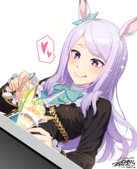1girl :q animal_ears commentary_request food heart highres holding holding_spoon horse_ears horse_girl long_hair masaki_shino mejiro_mcqueen_(frontline_elegance)_(umamusume) mejiro_mcqueen_(umamusume) parfait purple_eyes purple_hair simple_background solo spoken_heart spoon tongue tongue_out umamusume white_background