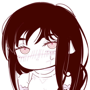 1girl blush chainsaw_man chibi chibi_only deer60868637 elbow_gloves facial_scar gloves long_hair looking_at_viewer monochrome open_mouth ringed_eyes scar scar_on_cheek scar_on_face scar_on_nose solo sweatdrop tank_top yoru_(chainsaw_man)