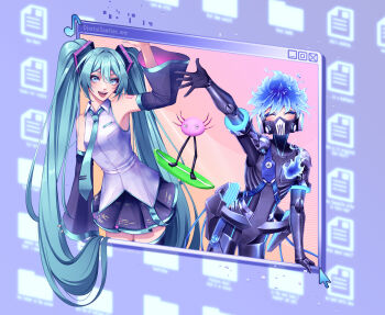 1girl 2boys android aqua_eyes aqua_hair aqua_necktie blue_eyeshadow blue_fire blue_hair closed_eyes collared_shirt commentary crossover cursor detached_sleeves eighth_note english_commentary english_text eyeshadow fiery_hair fire floating hatsune_miku highres icon_(computing) joints kinito_the_axolotl kinitopet long_hair lycoristyx makeup mask multiple_boys musical_note necktie number_tattoo ortho_shroud pixels pleated_skirt respirator robot_joints shirt short_hair shoulder_tattoo skirt sleeveless sleeveless_shirt smile surfboard tattoo tie_clip twintails twisted_wonderland user_interface very_long_hair vocaloid waving white_shirt window_(computing)
