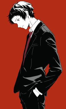 1boy absurdres adachi_tooru closed_mouth collared_shirt commentary_request formal_clothes greyscale_with_colored_background hand_in_pocket highres long_sleeves looking_ahead male_focus necktie pants parade_(pino_parade3939) persona persona_4 red_background red_necktie shirt short_hair simple_background solo suit