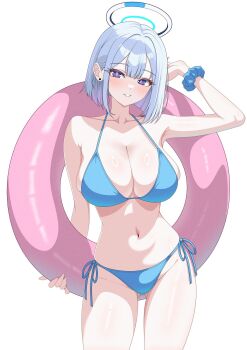 1girl bare_shoulders bikini blue_archive blue_bikini blunt_bangs blush bob_cut breasts cleavage collarbone commentary ear_piercing english_commentary grey_hair groin halo hazaky highres holding holding_swim_ring innertube large_breasts looking_at_viewer mechanical_halo navel noa_(blue_archive) piercing purple_eyes scrunchie short_hair solo swim_ring swimsuit thighs white_halo wrist_scrunchie