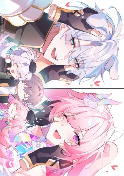 1girl 2boys animal_ears black_gloves blue_eyes caelus_(honkai:_star_rail) chibi commentary_request cyrene_(honkai:_star_rail) cyrene_(ripples_of_past_reverie)_(honkai:_star_rail) disembodied_hand dog_ears dress fingerless_gloves gloves grey_hair hand_in_another&#039;s_hair hand_on_another&#039;s_cheek hand_on_another&#039;s_face highres honkai:_star_rail honkai_(series) long_hair multiple_boys papi_sore phainon_(honkai:_star_rail) pink_hair purple_eyes short_hair smile trailblazer_(honkai:_star_rail) very_long_hair white_dress white_hair