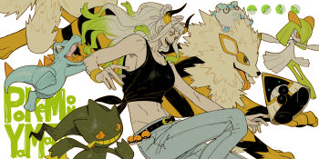 &gt;_&lt; 2girls alternate_costume animal arcanine armband arms_up ballerina banette belt black_belt black_shirt blue_eyes blue_pants blue_skin breasts cleavage closed_eyes collarbone colored_sclera colored_skin constricted_pupils crocodilian crop_top crossover crying english_text fangs fluffy full_body galarian_darumaka galarian_form gen_1_pokemon gen_2_pokemon gen_3_pokemon gen_8_pokemon grabbing_another&#039;s_arm green_hair hair_ornament hair_over_one_eye highres horns kirlia looking_at_viewer medium_breasts midriff multicolored_horns multiple_girls nintendo nostrils nyan_2020 one_piece open_mouth orange_pupils outstretched_arm outstretched_arms pants poke_ball pokemon pokemon_(creature) ponytail red_eyes red_sclera sharp_teeth shirt sideboob sidelocks sitting_on_animal skirt sleeveless slit_pupils smile snorunt stuffed_toy tail teeth tied_shirt tongue tongue_out totodile white_hair white_horns white_skirt wide_oval_eyes yamato_(one_piece) yellow_armband yellow_tail zipper